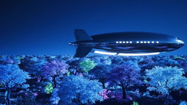 Futuristic airship flying above neon forest
