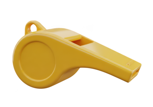 Bright yellow plastic sports whistle with a lanyard loop isolated on transparent background