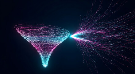 Abstract data stream visualization with glowing particles and digital funnel, big data flow, futuristic information technology background