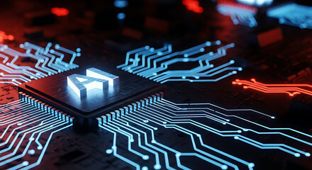Close-up of microchip on electronic circuit board with glowing neon lines, futuristic technology, computer hardware and digital innovation concept