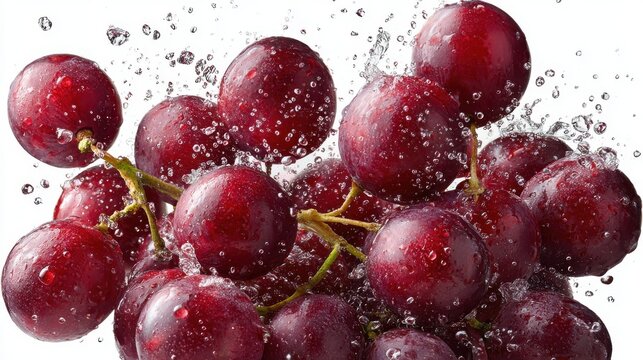 Fresh red grapes being washed with water close up studio shot on white background healthy fruit refreshment