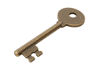 Antique brass key isolated on transparent background, vintage style lock and security concept for graphic design and historical themes