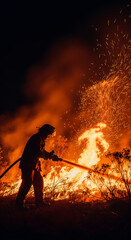 Silhouette of person tending a large bonfire at night with glowing embers and flames