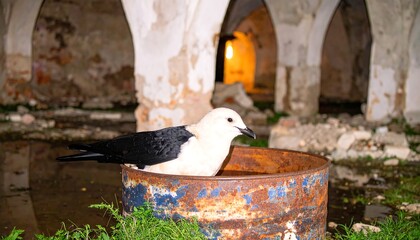 Bird perched on rusty barrel in crumbling building