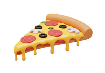 Delicious pizza slice PNG isolated on transparent background, 3D render with pepperoni, mushrooms, olives and basil, fast food concept
