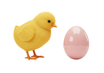 Fluffy yellow chick and pink egg isolated on transparent background, Easter spring holiday concept in PNG format
