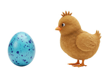 Cute fluffy chick with blue speckled egg isolated PNG, adorable baby bird looking at Easter egg on transparent background