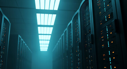 Infinite Rows of Server Racks in a Data Center Corridor | Concept for Cloud Hosting, IT Infrastructure, Big Data Processing, and Network Technology 