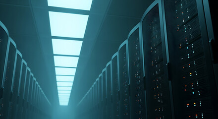 Endless Rows of Server Racks in a Large Data Center Corridor | Concept for Cloud Storage, IT Infrastructure, and Network Technology