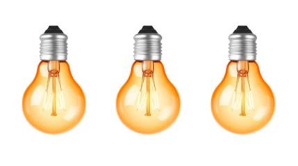 Three Illuminated Amber Light Bulbs, Isolated on Transparent Background, Idea Concept, 3D Render, Lightbulb, Ideas, Illumination