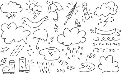 Doodle Style Rainy Weather Icons with Clouds and Raindrops
