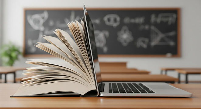 Open book and laptop blend with classroom chalkboard symbolizing modern learning