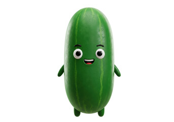 Cartoon cucumber character PNG isolated on transparent background, cute green vegetable with happy face for kids and healthy eating concepts