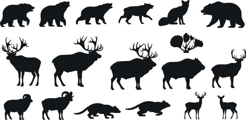 Wild animal silhouettes, bear, wolf, deer, elk, bison, goat, ram, beaver, tree, forest wildlife, hunting design, vector illustration