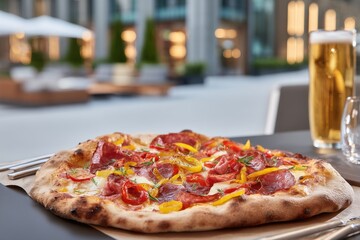 Appetizing Pizza with Salami and Peppers Close-Up Shot at Outdoor Restaurant with Beer and Modern Architecture in Background