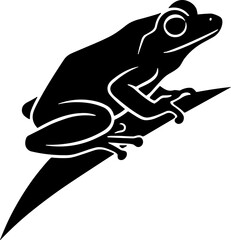 tiny frog perched on a leaf tip implied, side profile, solid black silhouette