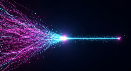 Abstract glowing data stream with blue and pink light particles, futuristic fiber optic communication, digital energy flow and high speed internet technology background
