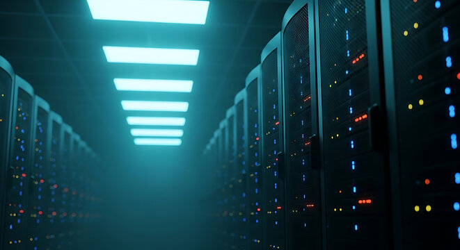 Modern data center server room with glowing lights, powerful technology infrastructure, cloud computing storage and cybersecurity network background