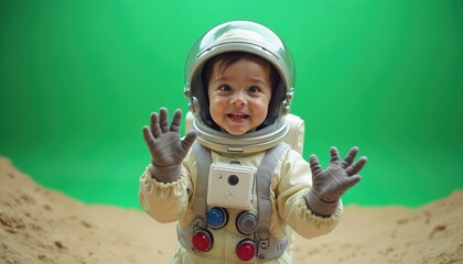 Small child in astronaut suit waves hello against green screen background and sand terrain. Joyful kid dreams of space travel. Imaginary play, early learning, fun.
