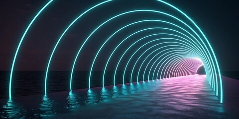 Neon Archway Tunnel with Water Reflection and Vaporwave Aesthetic for Backgrounds.
