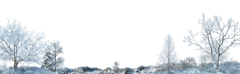 3D render panoramic view of mountains in winter on a transparent background.	
