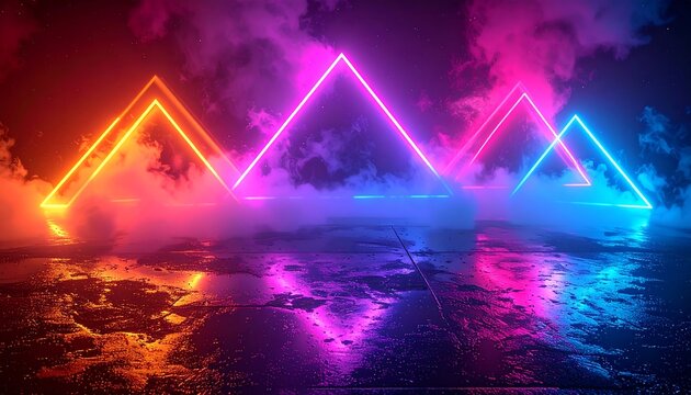 Neon triangles in a smoky, wet space - Powered by Adobe
