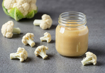 Jar of cauliflower baby puree with fresh florets