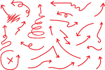 Variety of red hand drawn arrows on white background concept