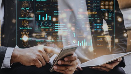 Data center monitoring dashboard visualize network performance, connection status, usage rate, and telecommunication insight. Data center monitoring efficiency improvement network transparency. Thunk