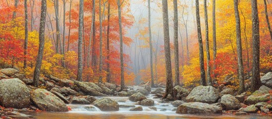 Autumn Forest River Scene: Vibrant Fall Foliage, Misty Atmosphere, Serene Landscape.