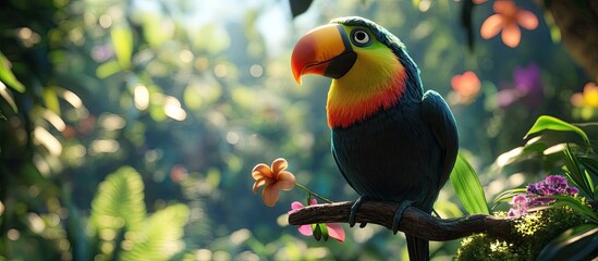 Vibrant Animated Toucan with Orange Beak Perched on Branch in Lush, Sunlit Tropical Jungle