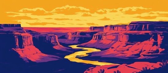 Vibrant Canyon Landscape: Golden River, Crimson Cliffs, and Sunset Sky Art