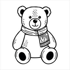 A cute teddy bear with a scarf, designed in a simple black and white style. The bear has round ears and a friendly expression, perfect for children's illustrations.