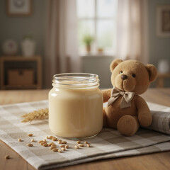 Baby wheat porridge in glass jar with teddy bear