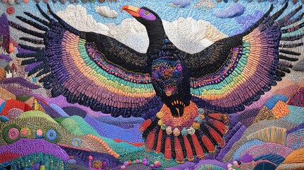 Vibrant Textile Art: Majestic Bird with Rainbow Wings Soaring Over a Textured Landscape