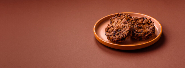 Chocolate chip cookies with caramelized nuts, a healthy sweet snack. Nut cookies