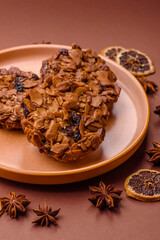 Chocolate chip cookies with caramelized nuts, a healthy sweet snack. Nut cookies