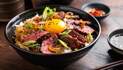 Fototapeta premium Japanese Donburi Gyudon with simmered onions and thin beef slices