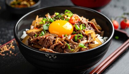 Japanese Donburi Gyudon with simmered onions and thin beef slices
