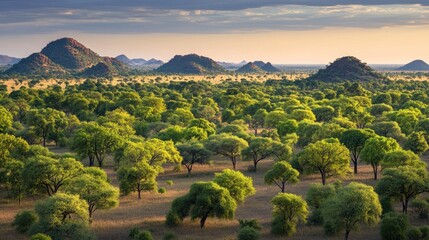 Golden Hour Radiance: Lush African Savanna, Rocky Kopjes, and Verdant Trees Under Dramatic Sky