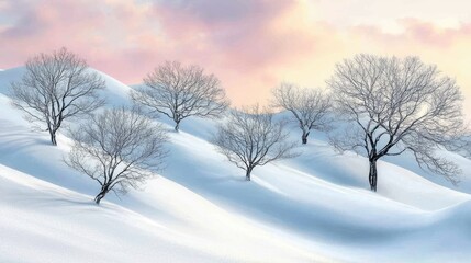 Ethereal Winter Grove on Rolling Snow Hills Under a Pastel Sunset Sky