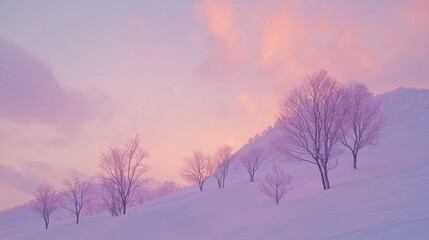 Serene Winter Landscape with Bare Trees Under a Pastel Sunrise Sky