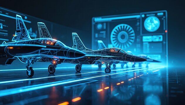 Futuristic fighter jets with neon outlines on runway. Advanced aviation tech displayed on screen. Sleek aircraft ready for mission. Speed, power, modern air force. - Powered by Adobe