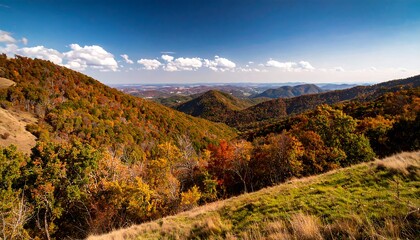 Beautiful view of autumn mountain landscape with colorful trees and blue sky