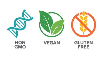 Non GMO vegan gluten free icons with text on white background vector