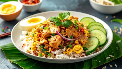 Thai Khao Pad Fried Rice with chicken, egg, onions, and cucumber garnish
