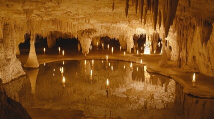 Carlsbad Caverns' Queen's Chamber: Stalactites, Pool Reflections, and Candlelight Glow