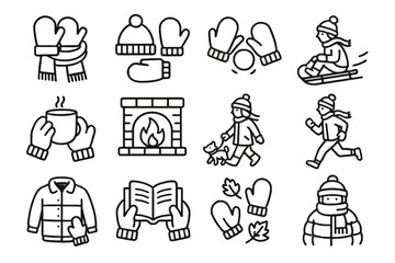 Vector fireplace winter icon run cozy paired layered dog leaves icons outfit