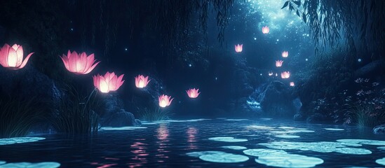 Enchanted Night Pond with Glowing Lotus Lanterns and Mystical Sparkles