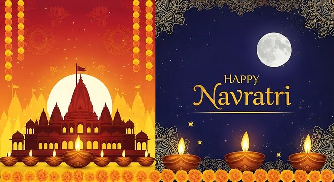 Navratri festival illustration with temple, diyas, flowers, moon and happy navratri text art design